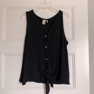 Black Waffle Knit Front-tie Tank